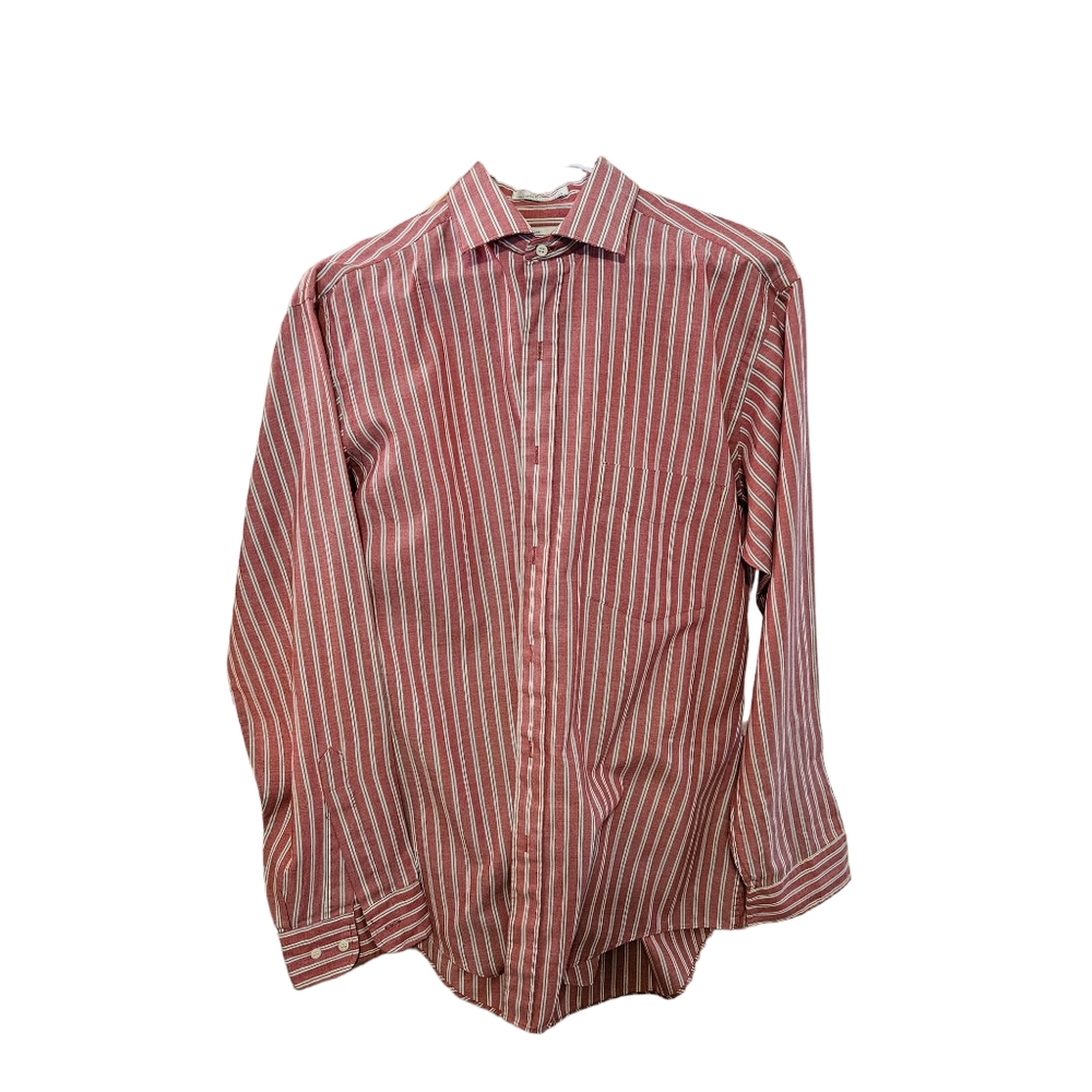 Aarow brigade, 16 32/33 men's dress shirt, redish/pink-white-blue stripe